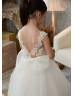 Ivory Shiny Lace Tulle Cute Flower Girl Dress With Detachable Train